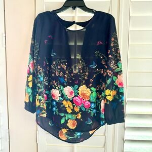 Meraki Floral Butterfly Birds Draped Open Back Blouse Black Large Cottage Whimsy